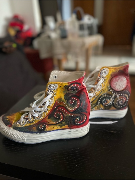 Converse Shoes - Converse Hand-Painted High-Top Sneakers, Teal, Yellow & Red Paisley, Sz 10.